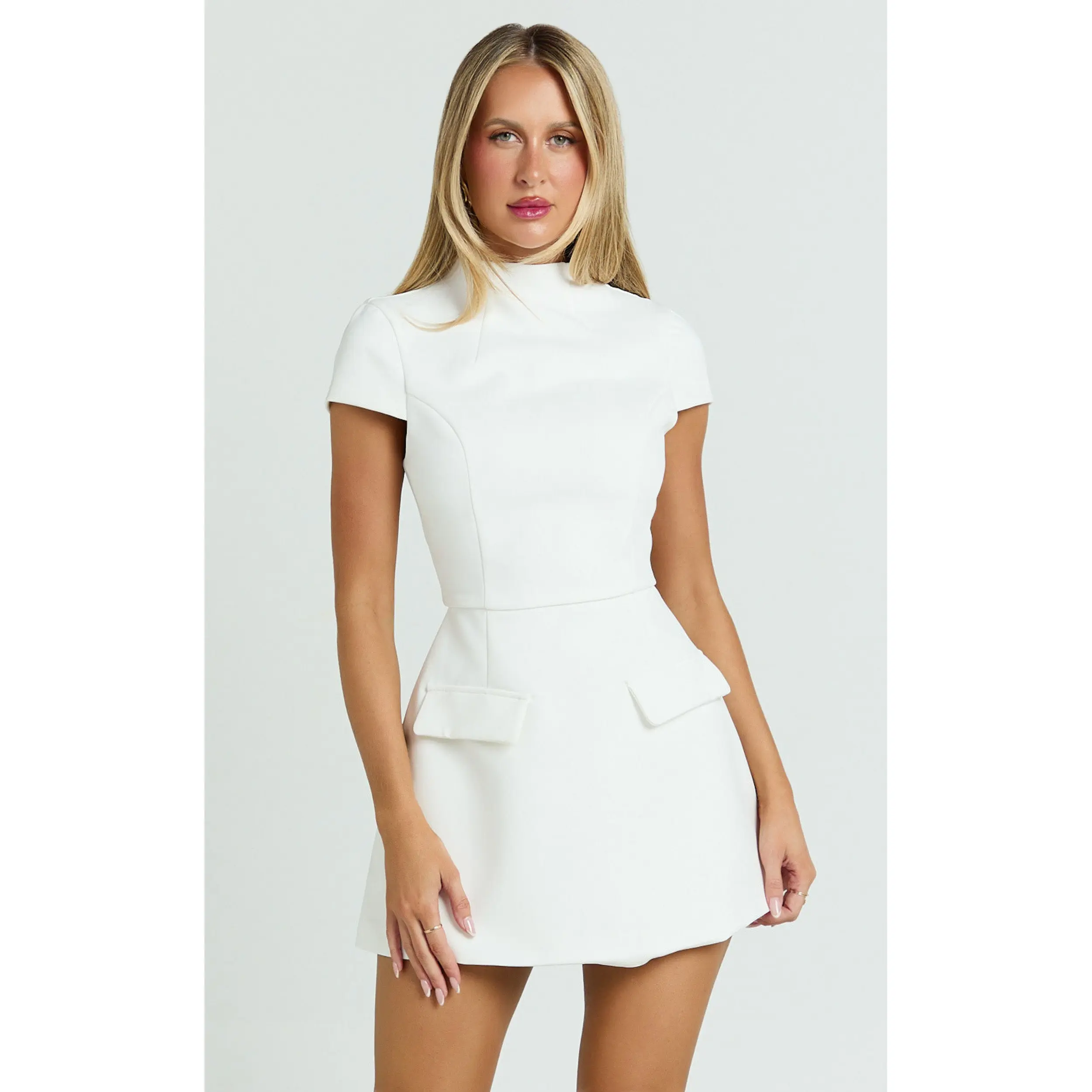 Savanna Mini Dress - High Neck Cap Sleeve Tulip Skirt Dress in White - TikTok Shop Savanna Mini Dress - High Neck Cap Sleeve Tulip Skirt Dress in White - TikTok Shop