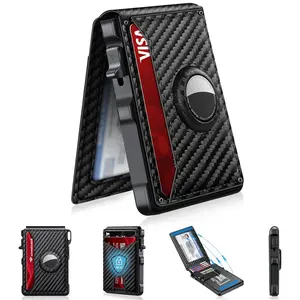 Men's Minimalist Bifold Wallet with AirTag Compartment & RFID Blocking - Pop-Up Quick Access Card Holder, Holds 12 Cards + Cash, Carbon Fiber, Perfect Gift