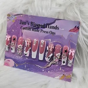 Jan's Blessed Hands Custom Made Press Ons Pink and White French Tip with 3D Design and Junk Nail Press On Set for Personalized Nail Art