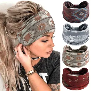 Vintage Elastic Fabric Printed Hair Bands Workout Wide Knot Sweatbands Soft Cotton Headwraps