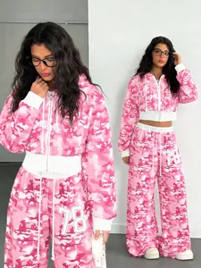 Camouflage Short Hooded Zipper Cardigan Set with Long Pants, Comfortable Casual Wear for Daily Use, Fashion Design for Trendy Women