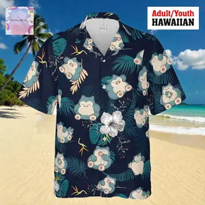 Sleeping Blue Bear Hawaiian Shirt, Funny Cartoon Pattern Button Down, Tropical Hibiscus Flower Shirt, Premium Hawaiian Shirt 🌊 Cool & Comfortable Vacation Wear