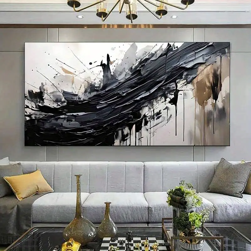1 piece of canvas painting with frame - modern abstract canvas wall art - black and white tones and gold embellishments, modern home art, large-size canvas wall art, suitable for living room, bedroom, office decoration