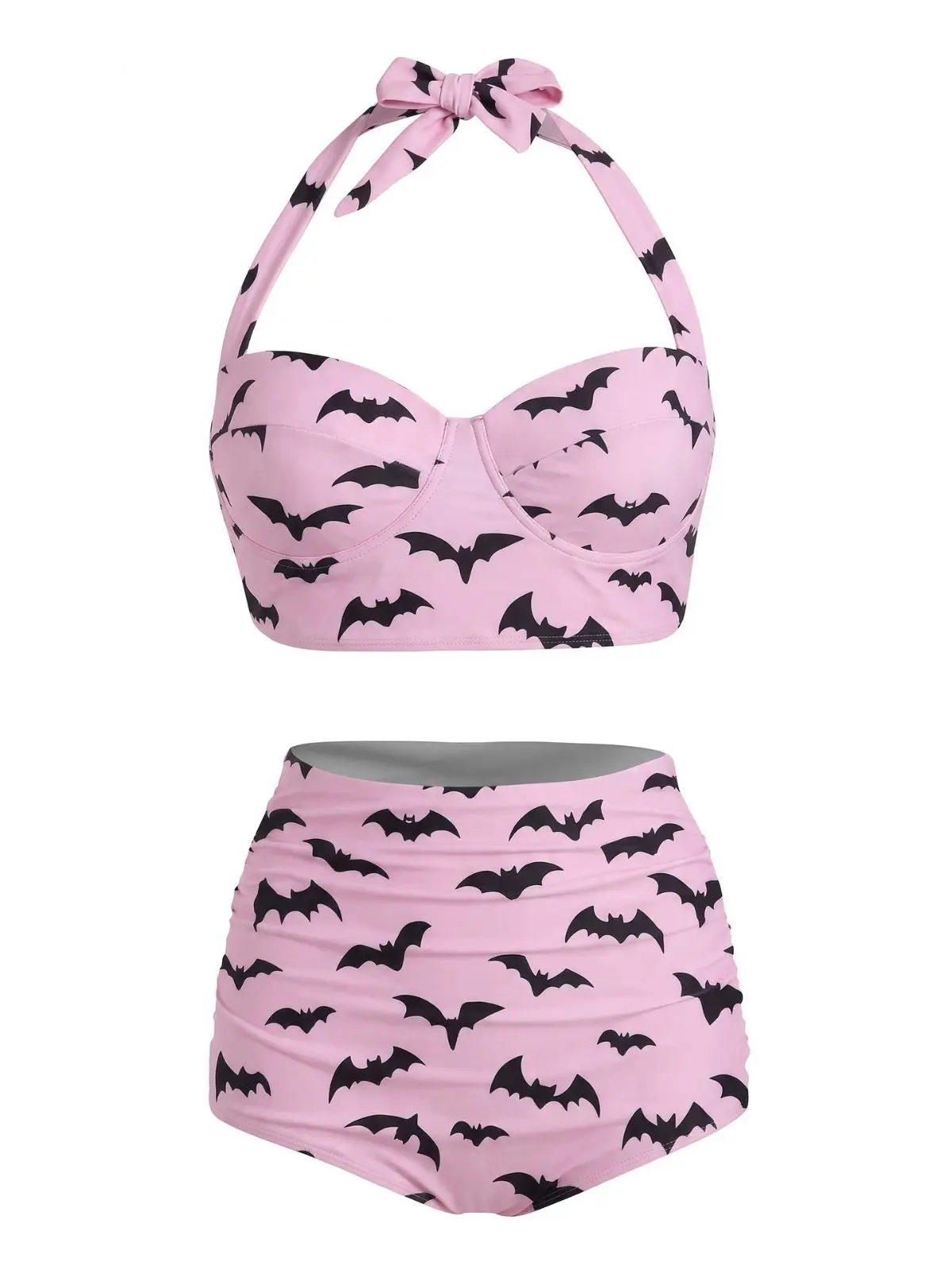 Pink 1950s Bat Print Lace-Up Halter Swimsuit Bikini Swimwear