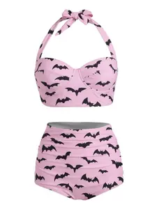Pink 1950s Bat Print Lace-Up Halter Swimsuit