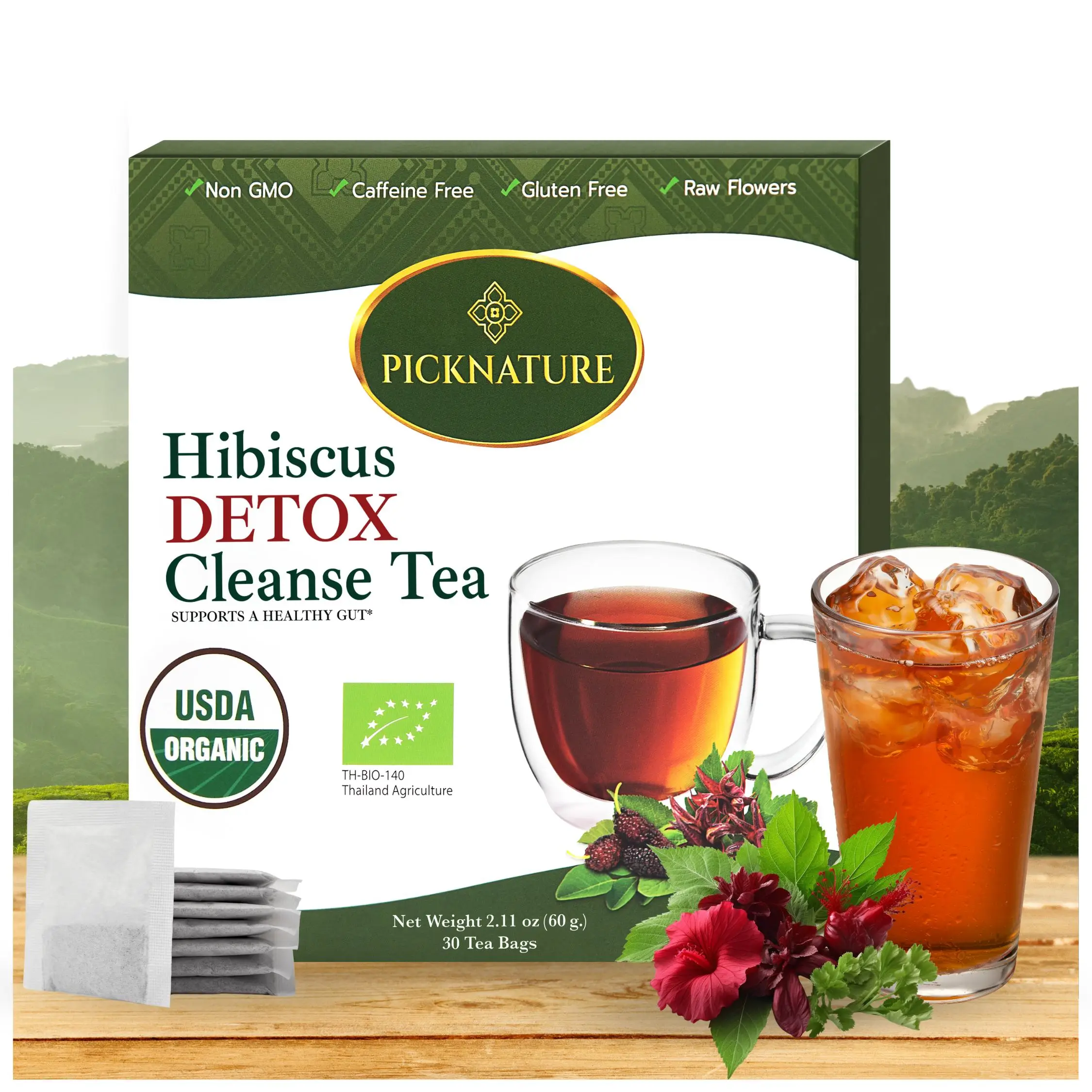 PICKNATURE Hibiscus Cleanse Tea Freshly Picked from Thailand | 2.11 oz | 30 tea bags (100+ Cups) | Herbal Tea Gifts | USDA Organic Beverage Natural
