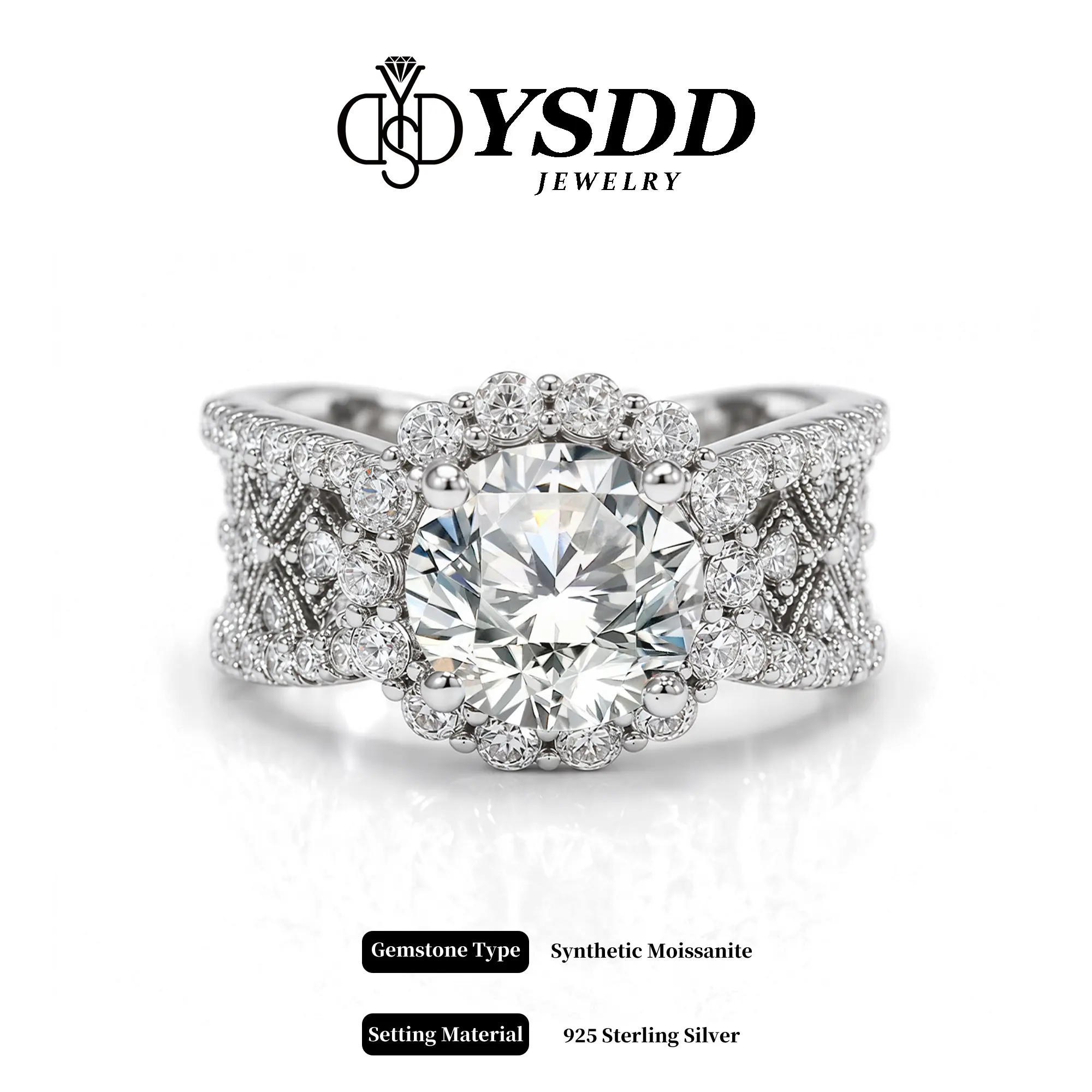 【#726 Lace】Luxurious 2CT Floral Halo Wide Band Statement/Engagement Ring vvs Synthetic Moissanite Rings in 925 Sterling Silver