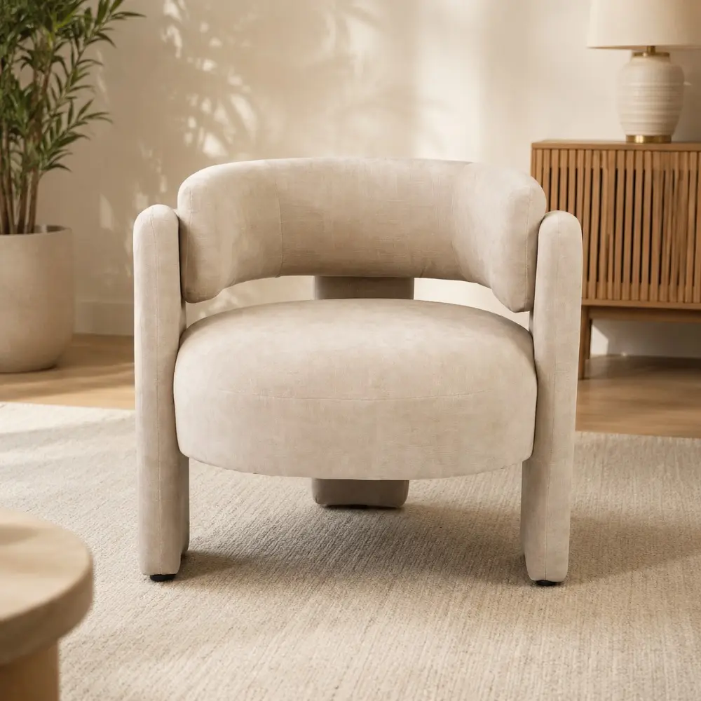 Littleox Modern Hollow Back Accent Chair, Grey Textured Fabric Curved Barrel Armchair, Block Leg Upholstered Single Lounge Chair, Unique Sculptural Side Chair for Living Room Bedroom Office
