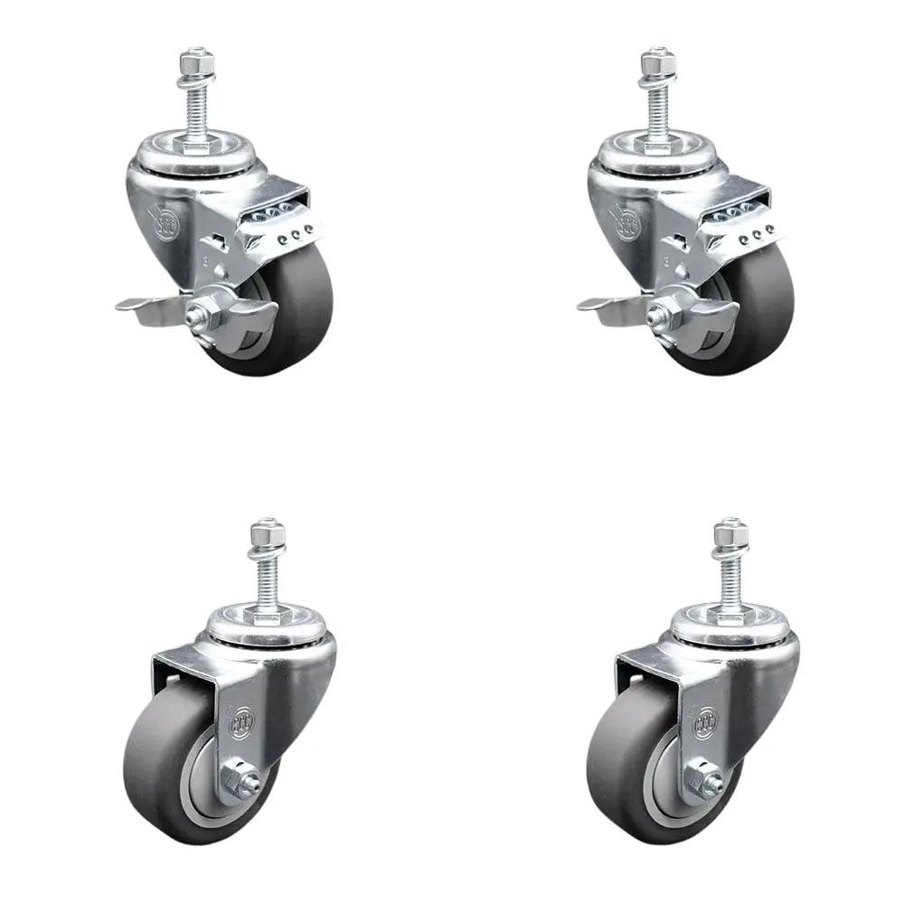 Service Caster Series No.20 SCC-TS20S3514-TPRB-M1015-2-TLB-2 Thermoplastic Rubber Swivel Stem Casters (Set of 4) - 3.5x1.25 in. Gray Wheels, 10 mm Metric Stems, 920 lbs Total Capacity for Equipment, Material Handling, Shop Projects, Soots, Tars, And Miner