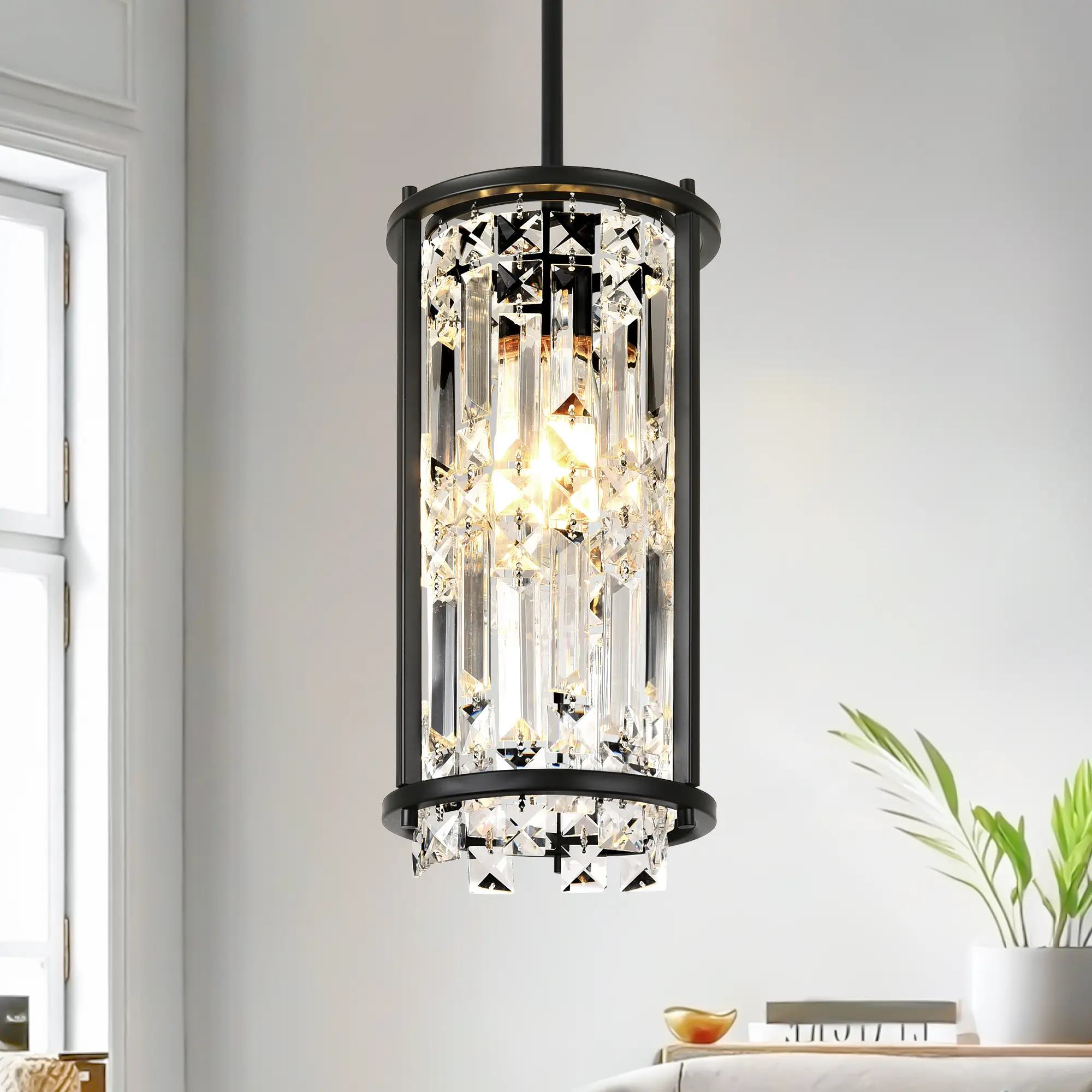 6.69in Crystal Pendant Light, Modern Cylinder Chandelier for Kitchen Island, Bathroom, Hallway & Entryway