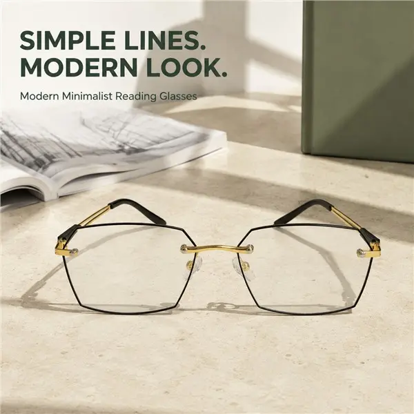 Vintage Old Money Rimless Polycarbonate Reading Glasses, Geometric Irregular Metal Frame Unisex Eyewear, Lightweight Stylish Readers with Case - Cloth Included