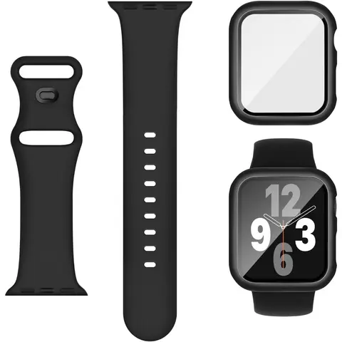 3-in-1 Silicone Sport Band & Protective Case Set with 9H Tempered Glass Full Cover Protection for iWatch Series 3/4/5/6/7/8/9/SE/SE 10 (40mm/41mm/44mm/45mm) Smartwatch Accessories, Iwatch Series Se 10