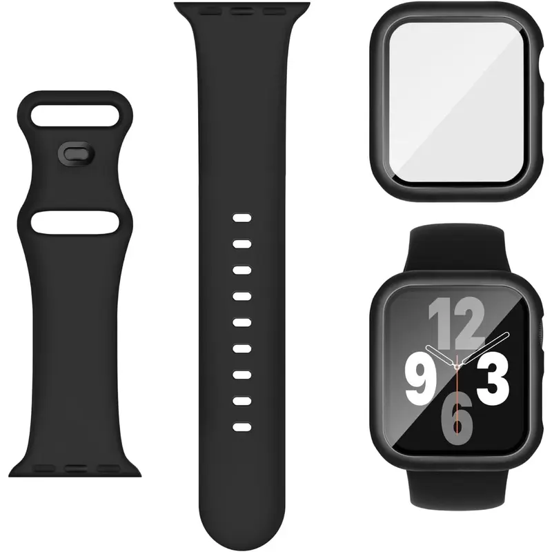 3-in-1 Silicone Sport Band & Protective Case Set with 9H Tempered Glass Full Cover Protection for iWatch Series 3/4/5/6/7/8/9/SE/SE 10 (40mm/41mm/44mm/45mm) Smartwatch Accessories, Iwatch Series Se 10
