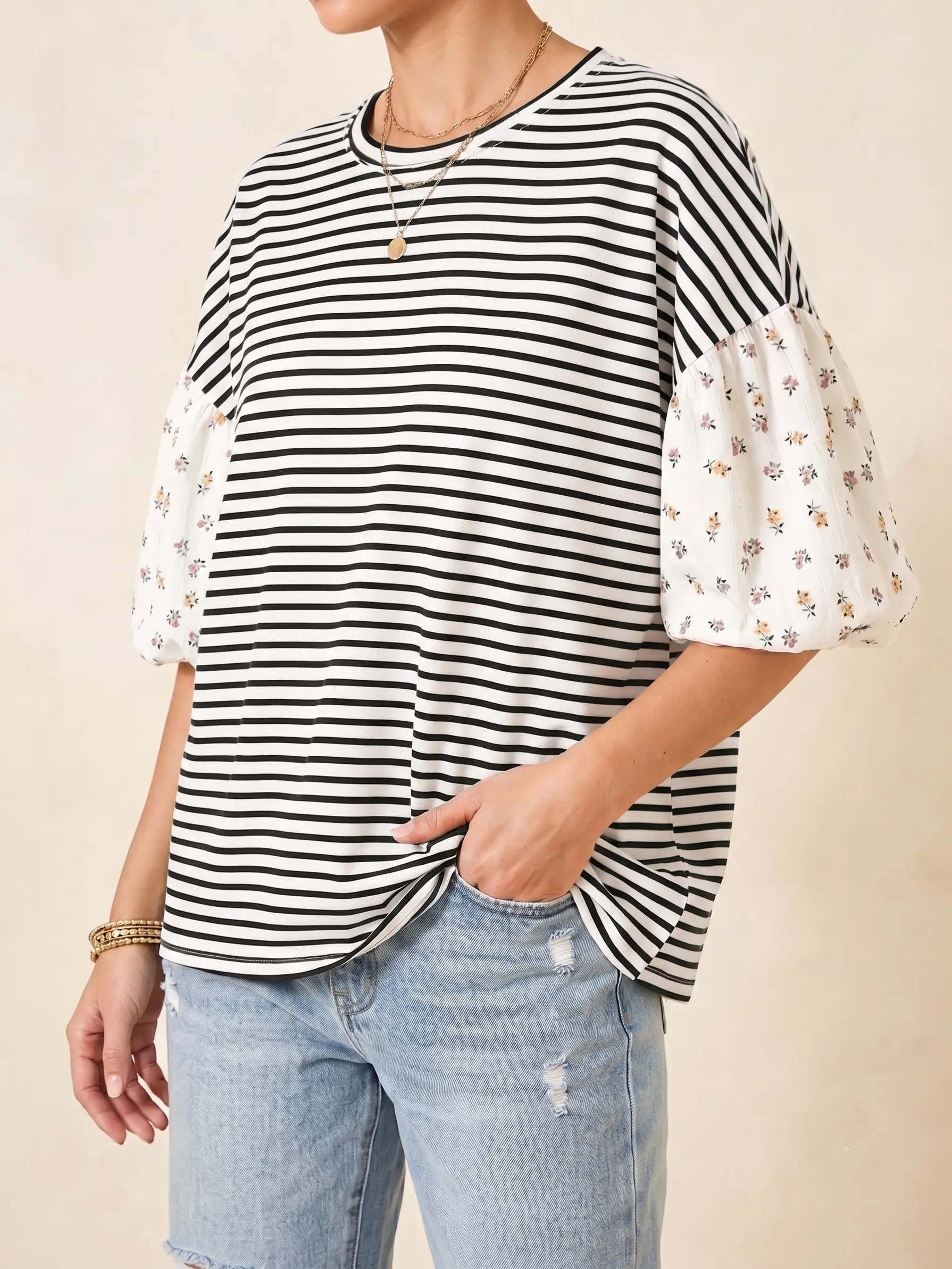 Women's Black Stripe Floral Puff Sleeve Patchwork Round Neck Loose Top, Green Mixed Print Puff Sleeve Round Neck Tops, Red Cute Preppy Summer Blouses, Relaxed Fit Boho Vacation Lightweight Apparel, Everyday Tees