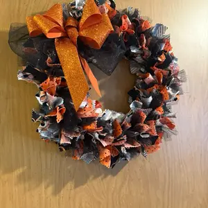 Fall Pumpkin Wreath with Orange Glitter Bow and Black and Orange Fabric Pieces