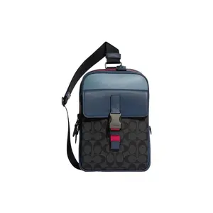 COACH Track 18 Classic Monogram Canvas Crossbody Bag – Unisex Small Satchel in Black and Blue