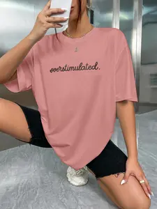 Women's Overstimulated Letter Print Crew Neck Tee, Fashion Casual Loose T-shirt for Daily Wear, everyday, Ladies Clothes for All Seasons, Top
