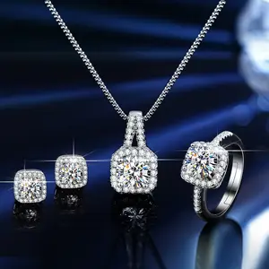 1ct GRA Moissanite Square Baguette Jewelry Set for Women – 925 Sterling Silver, Necklace, Ring & Stud Earrings Set for Engagement Wedding Gift