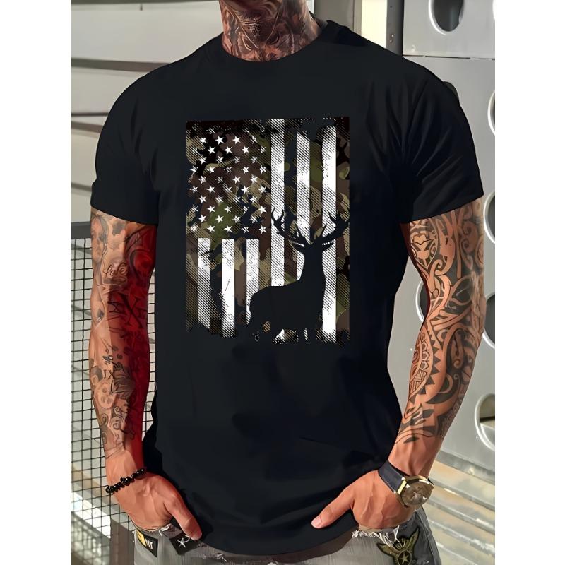 American Flag Camo Deer Hunting Men's Patriotic T-Shirt | Vintage USA Flag Deer Hunter Outdoor Hunting Season Patriotic Gift Tee