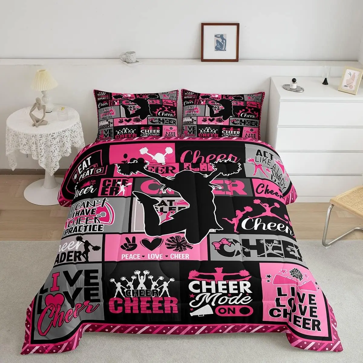 Girls Cheerleader Comforter Set Dancer Decor All Season Bedding Set Geometric Checkered Comforter,Pink Gray Black Decor Quilt Set Bedroom Collection