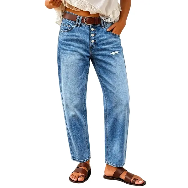 Flamingals Wash Front Button Ripped Mid Waist Barrel Leg Crop Jeans Without Belt Womenswear Stretchy 25.6" Inseam