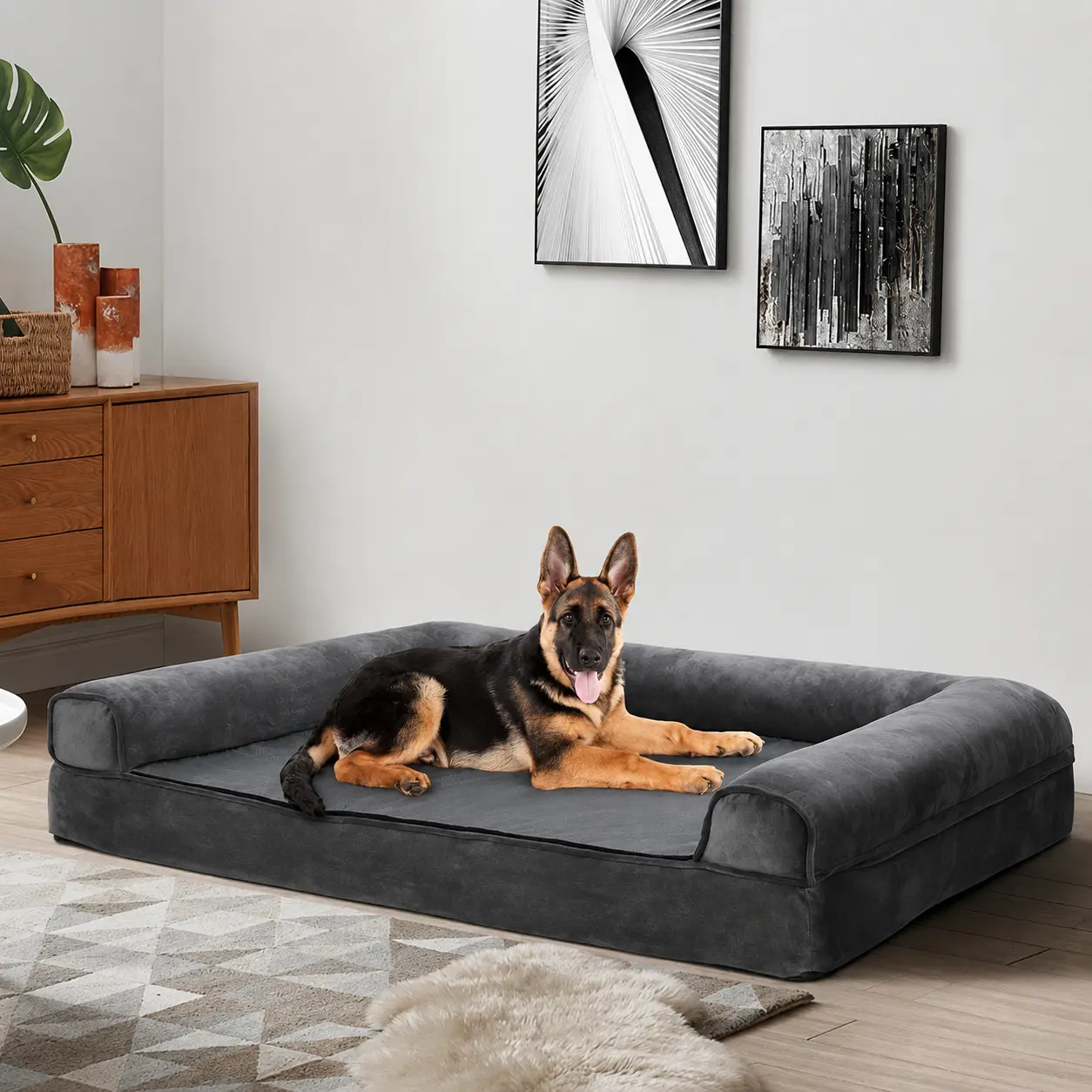 Extra Large Dog Bed for Large Dogs with Removable Washable Cover, Calming Orthopedic Egg-Crate Foam XL Mat, Non-Slip Base, Light Grey