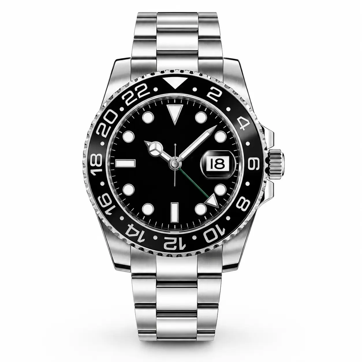 Men’s Black Dial Quartz Watch with 24-Hour Style Bezel, Date Window and Silver-Tone Metal Bracelet, Modern Business Sport Wristwatch
