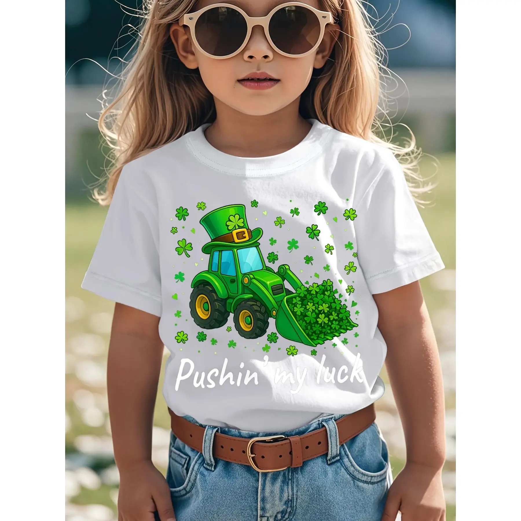 St Patricks Day Bulldozer Saint Paddys Construction Novelty Awesome Graphic Kid T-Shirt Cute Kid T Shirts Streetwear Tees Tops for Kid