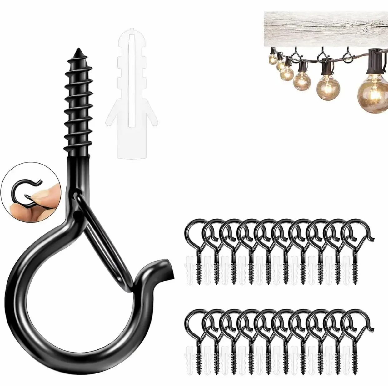 20-Pack Q-Hanger Hooks with Safety Buckle - 40lbs Heavy Duty Outdoor String Light Hooks for Patio, Windproof Screw-In Garden Hooks for Hanging Plants, Holiday Decor