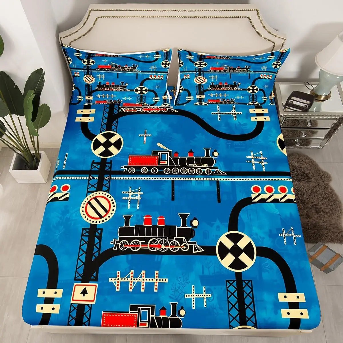 Cartoon Train Bedding Sets Vintage Steam Engine Bed Sheets,Travel Railway Track Transportation Fitted Sheet Construction Traffic Signs Retro Car Decor Sheets