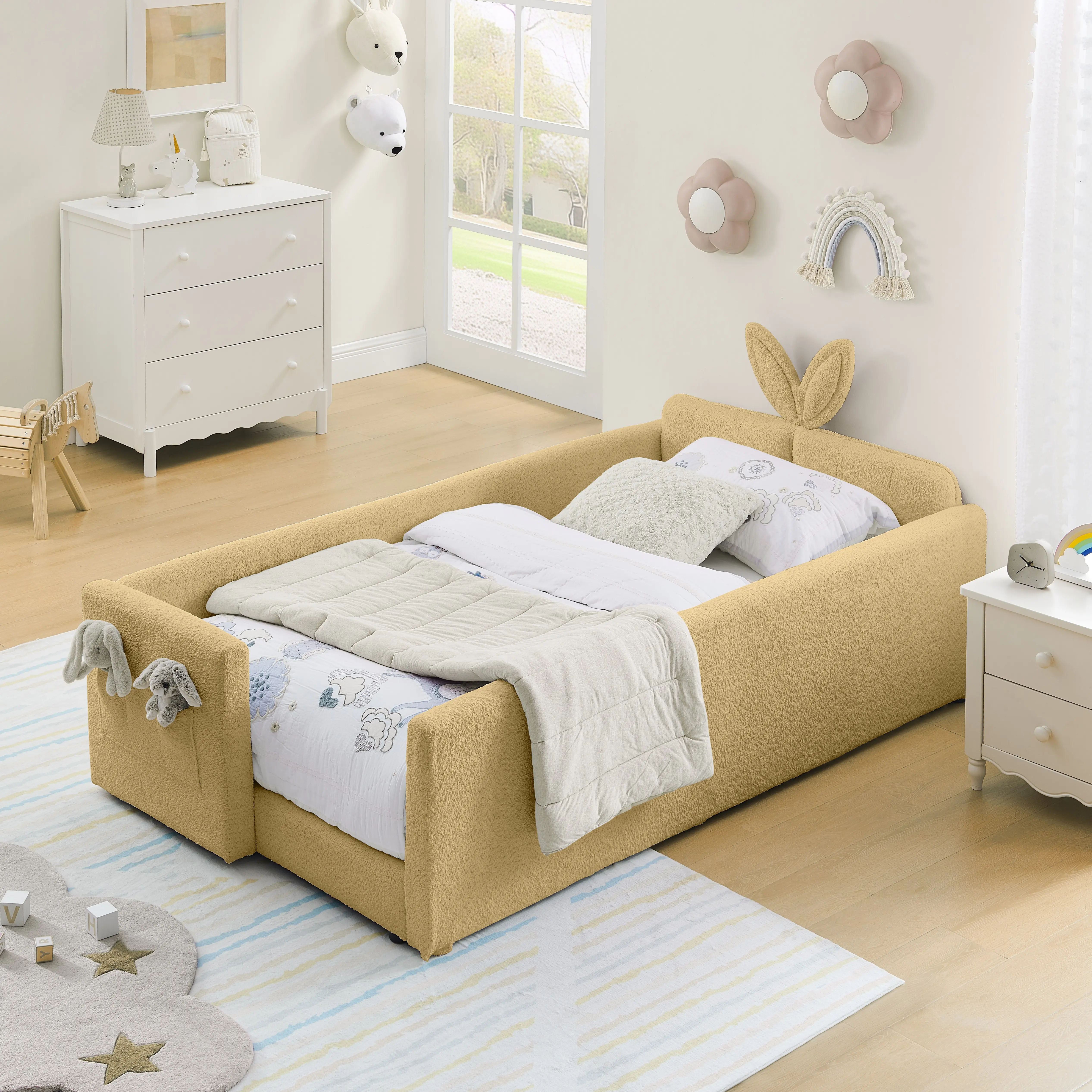 Twin Size Upholstered Platform Bed Frame with Rabbit Ear Headboard, Safety Guardrail & Side Pocket, Boucle Fabric Kids Bed, No Box Spring Needed