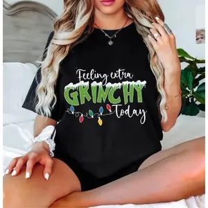 Seuss Inspired Christmas Design With "Feeling Grinchy Today" & Heart Print, Comfortable Medium Stretch Crew Neck Short Sleeve Casual Top, Relaxed Fit For Casual Attir Golf Gift T-Shirt For Men And Women