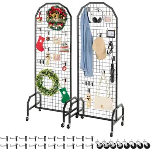 VEVOR 2 Packs Black Carbon Steel Grid Wall Panels, 1.9x5.4ft Wire Grid Display Rack with Rubber Wheels, 20 Hooks, Movable Decorative Organiser for Room Decor, Installation, Craft Show Storage