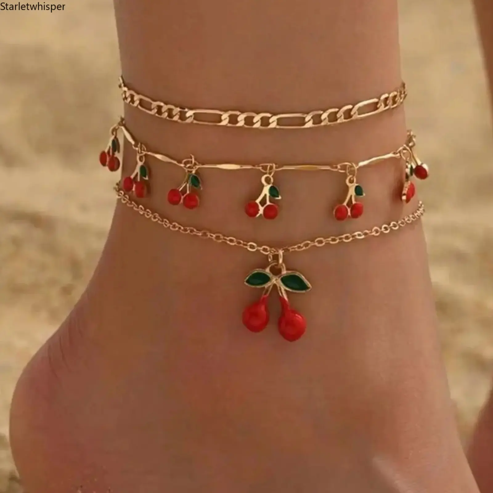 3Pcs Multi-Layer Beaded Anklet Set, Sparkling Rhinestone Cherry Foot Bracelet, Delicate Trendy Foot Jewelry, Stylish Summer Daily Accessory, Versatile Ornament for Casual Wear and All Season Fashion Matching