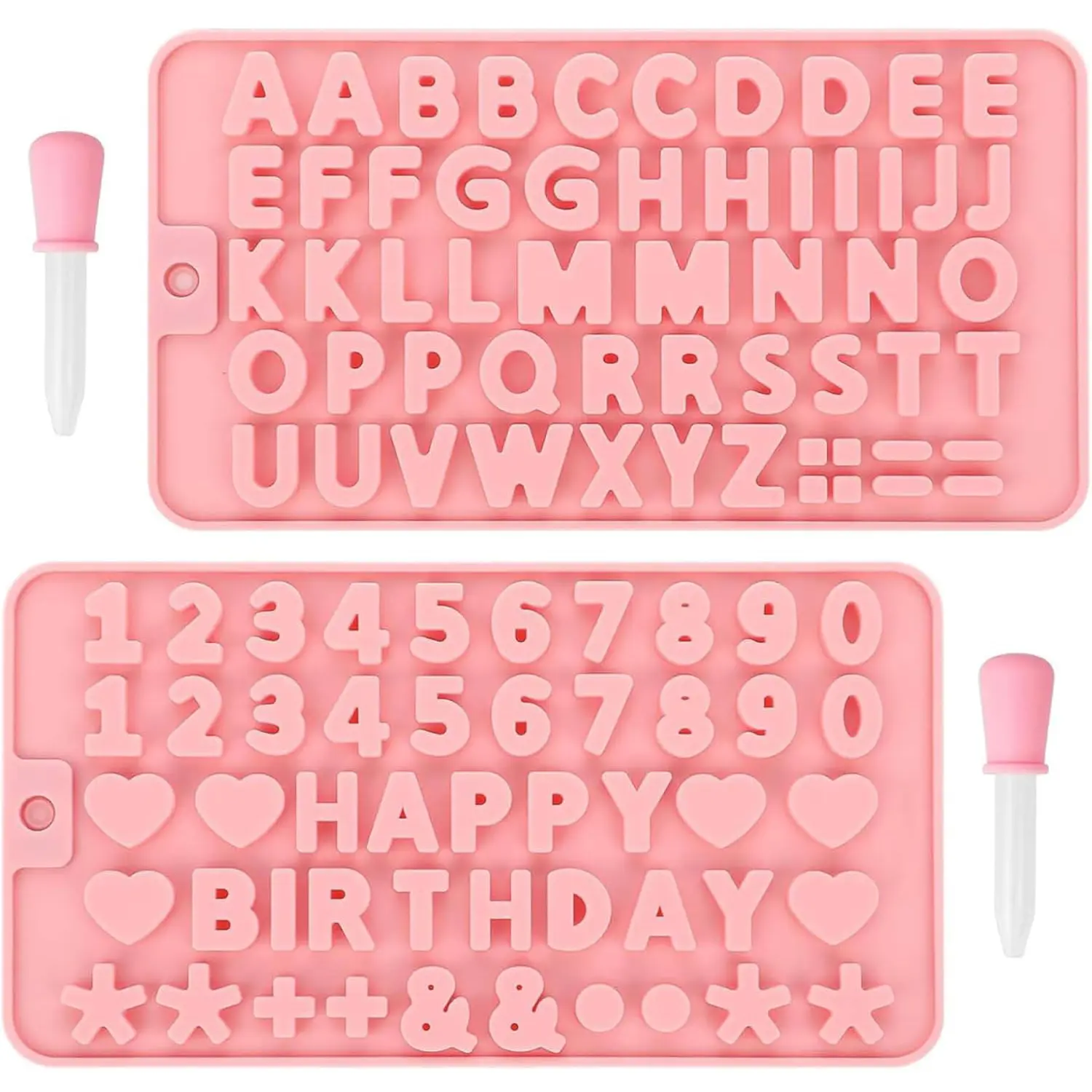 2-Pcs Flexible Silicone Number & Letter Baking Molds with 2 Droppers, Kitchen Bakeware for Birthday Cake Decorations, Chocolate, Candy, Ice Cubes
