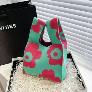 Mini knitted tote bag with cute printed design, small bucket handbag for carrying small items
