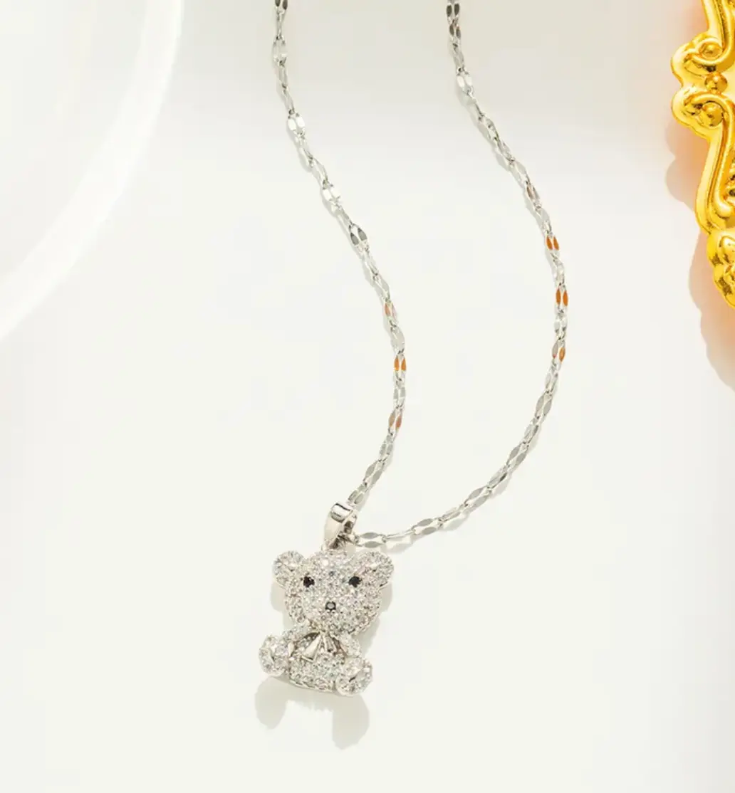 Icy Silver Teddy Bear Necklace
