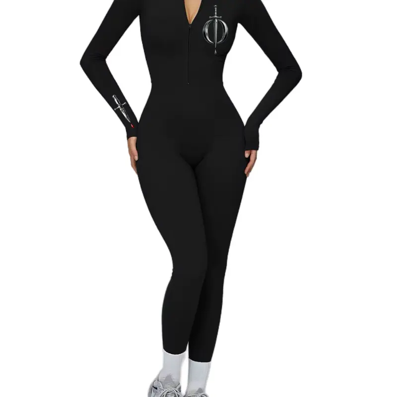 Phantom Bodysuit - Black Long Sleeve V Neck with Sword Logo Women's Jumpsuit Womenswear Basic Minimalist