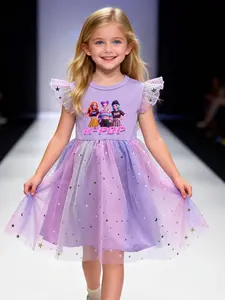 Girls' Princess Dress with Gradient Star Moon Mesh Skirt, Casual Loose-Fitting Summer, Comfortable Breathable Kids Clothing