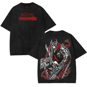 Chainsaw Man Primal Denji & Pochita Vintage Washed Oversized T-Shirt, Double-Sided Anime Graphic Print, Soft Cotton Retro Streetwear, Trendy Unisex Manga Fan Apparel