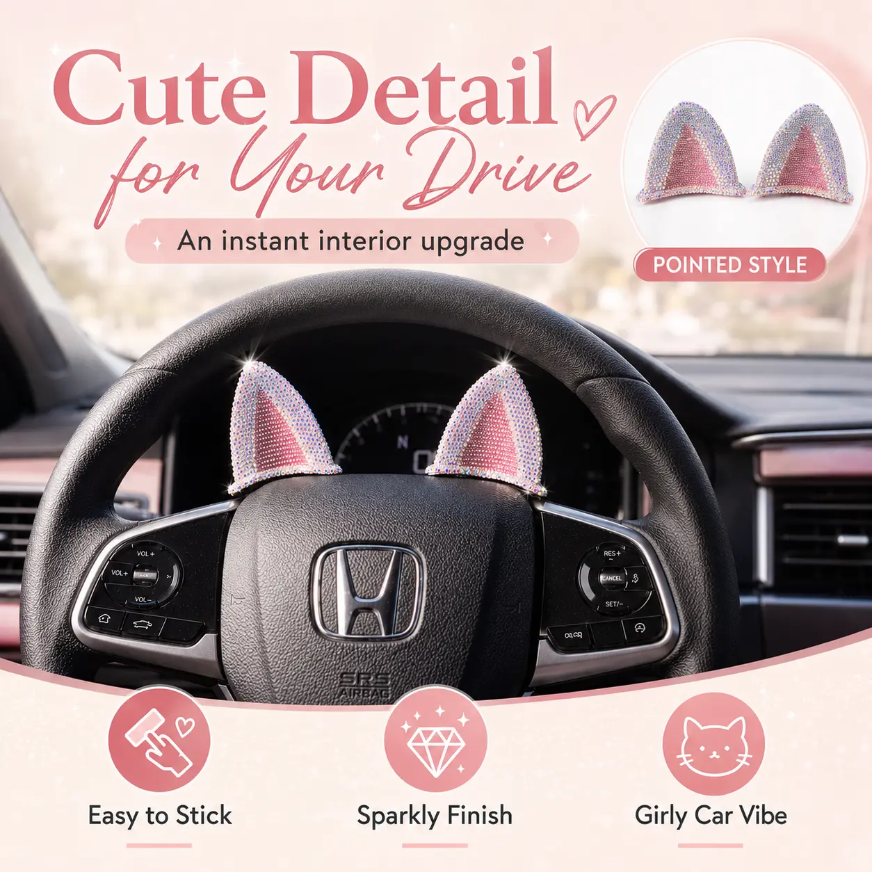 Bling Car Steering Wheel Accessory, Sparkly Crystal Cute Cat Ears Auto Interior Accent, Aesthetic Pink Diamond Vehicle Decor Upgrade, Perfect Gift for Her