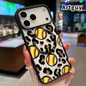 Compatible with iPhone 17 16  Pro Max Plus 15 14 13 12 11 Air E Magnetic Case Softball Leopard Blend Pattern Acrylic Transparent Four Corner Shock-absorbing Airbag Smartphone Cover for Girl
