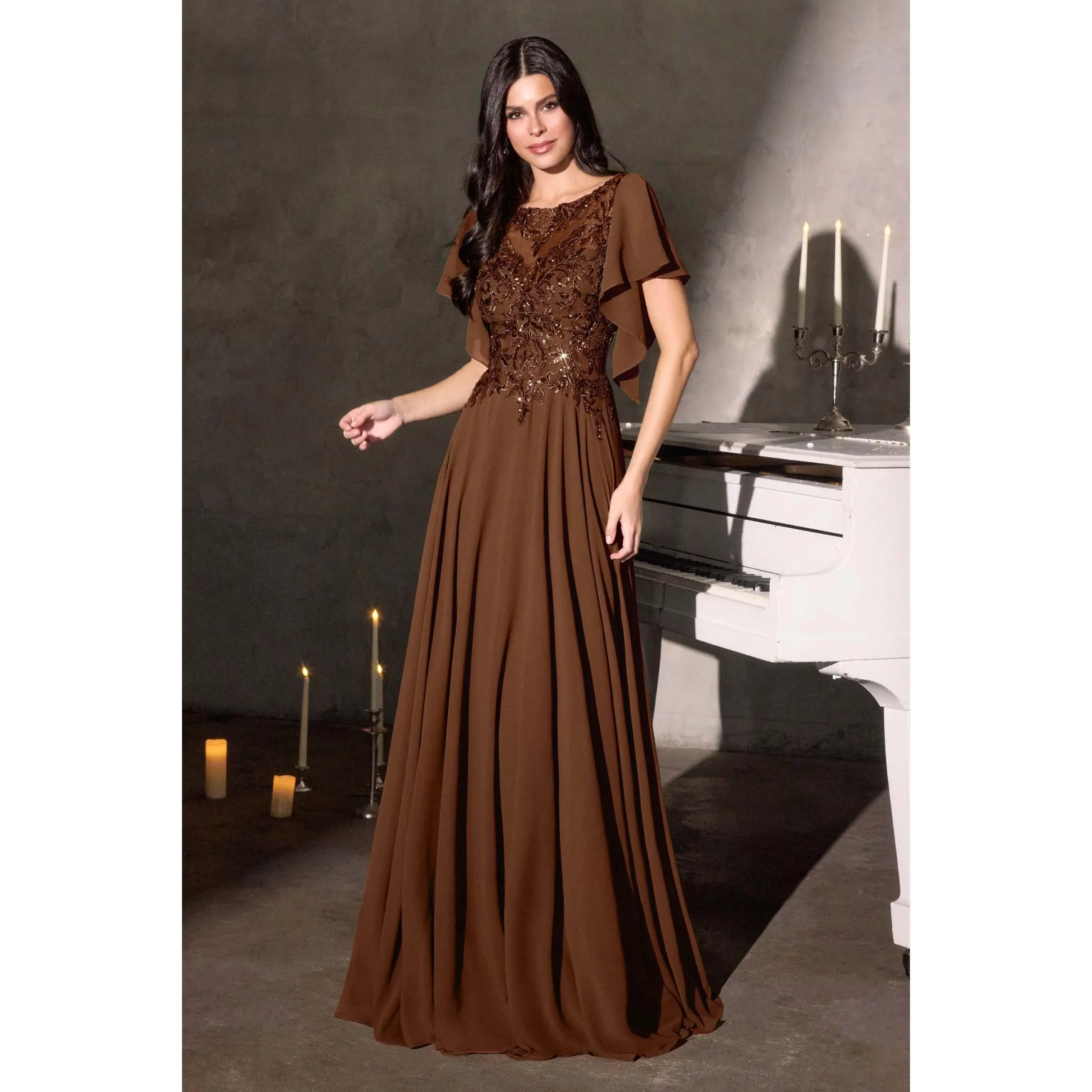 Ladivine Women's CL09 Formal Prom Evening Gown - Navy Soft Chiffon Formal Wear, Illusion Neck with Lace-Mesh Accents, Flutter Sleeves, A-Line Silhouette, Natural Waist, Full Length, Keyhole Back, Sequined Embroidery, Flattering Fit for Mother of the Bride