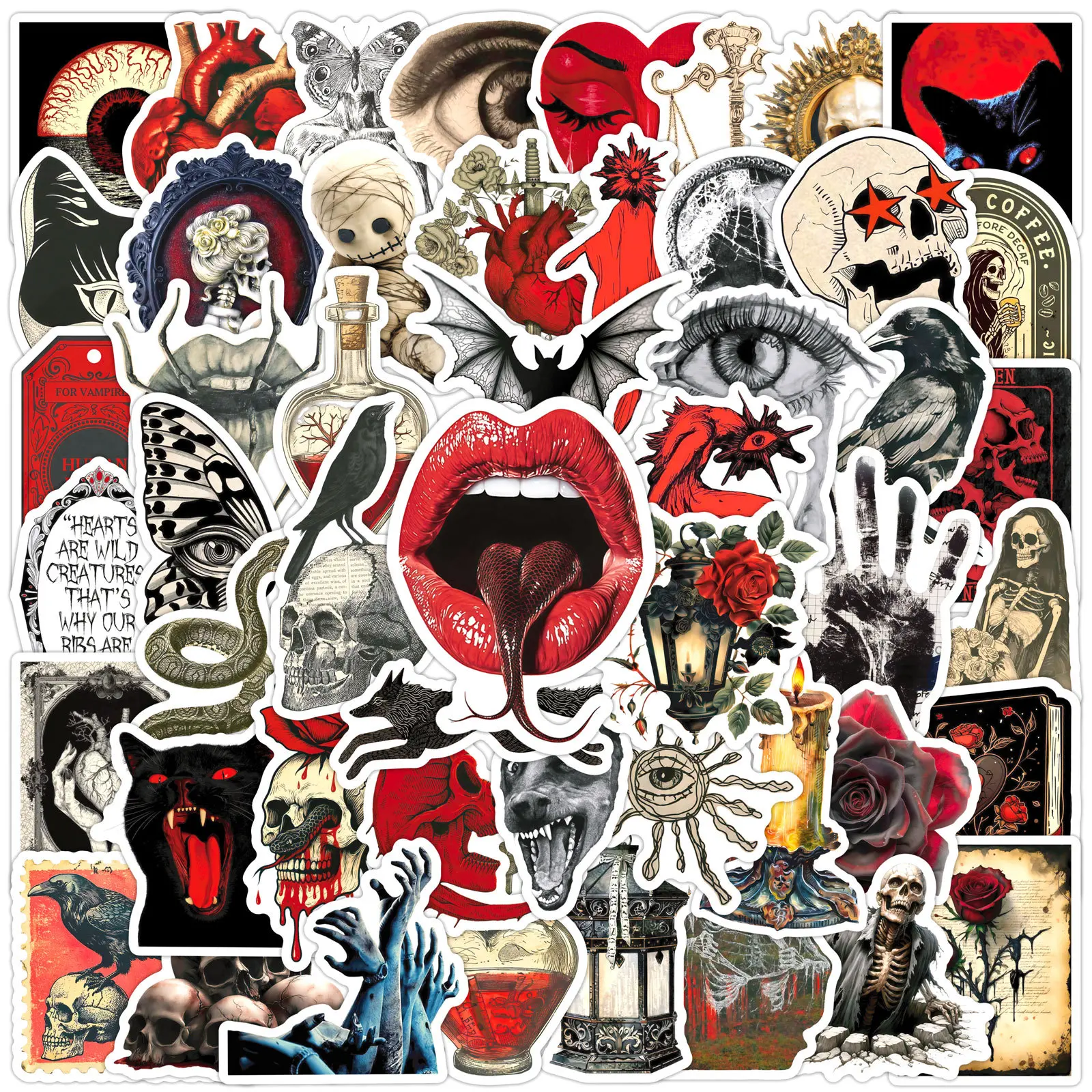 50pcs Retro Red and Black Gothic Series Graffiti Stickers Suitable for Suitcases, Cellphone, Mobile Phone Cases, Laptops, Helmets, Skateboards Waterproof Decoration DIY Creative Stickers