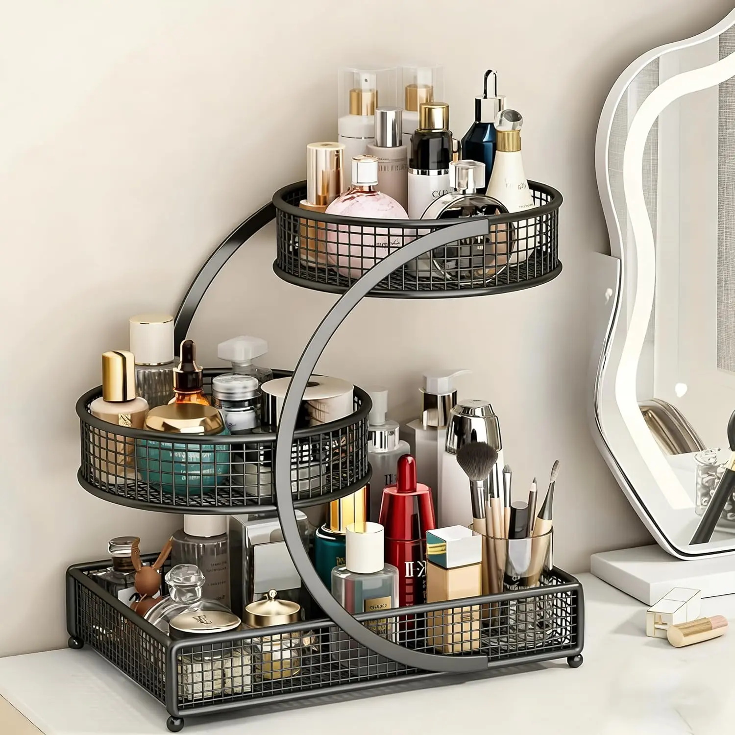 3-Tier Black Rustproof Metal Vanity Shelf - Desktop Cosmetic Holder, Durable Organizers for Makeup Cosmetic Storage, Modern Minimalist Countertop Rack, Metal Storage Solution, Great Gift Choice