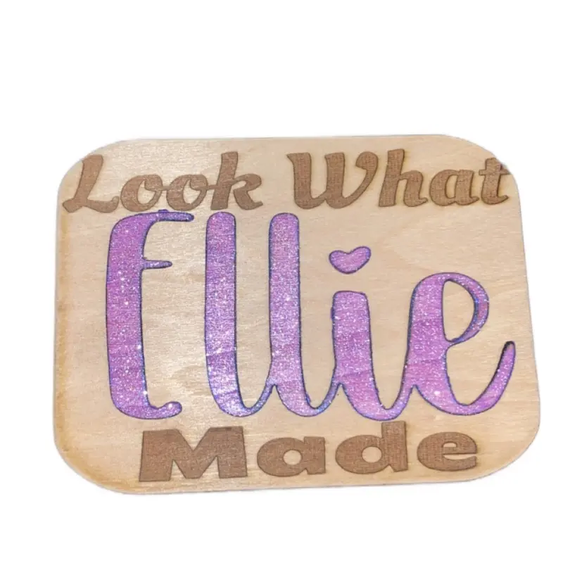 Fridge Magnet - Look What i Made Personalized Wooden Magnet with Purple Glitter Text
