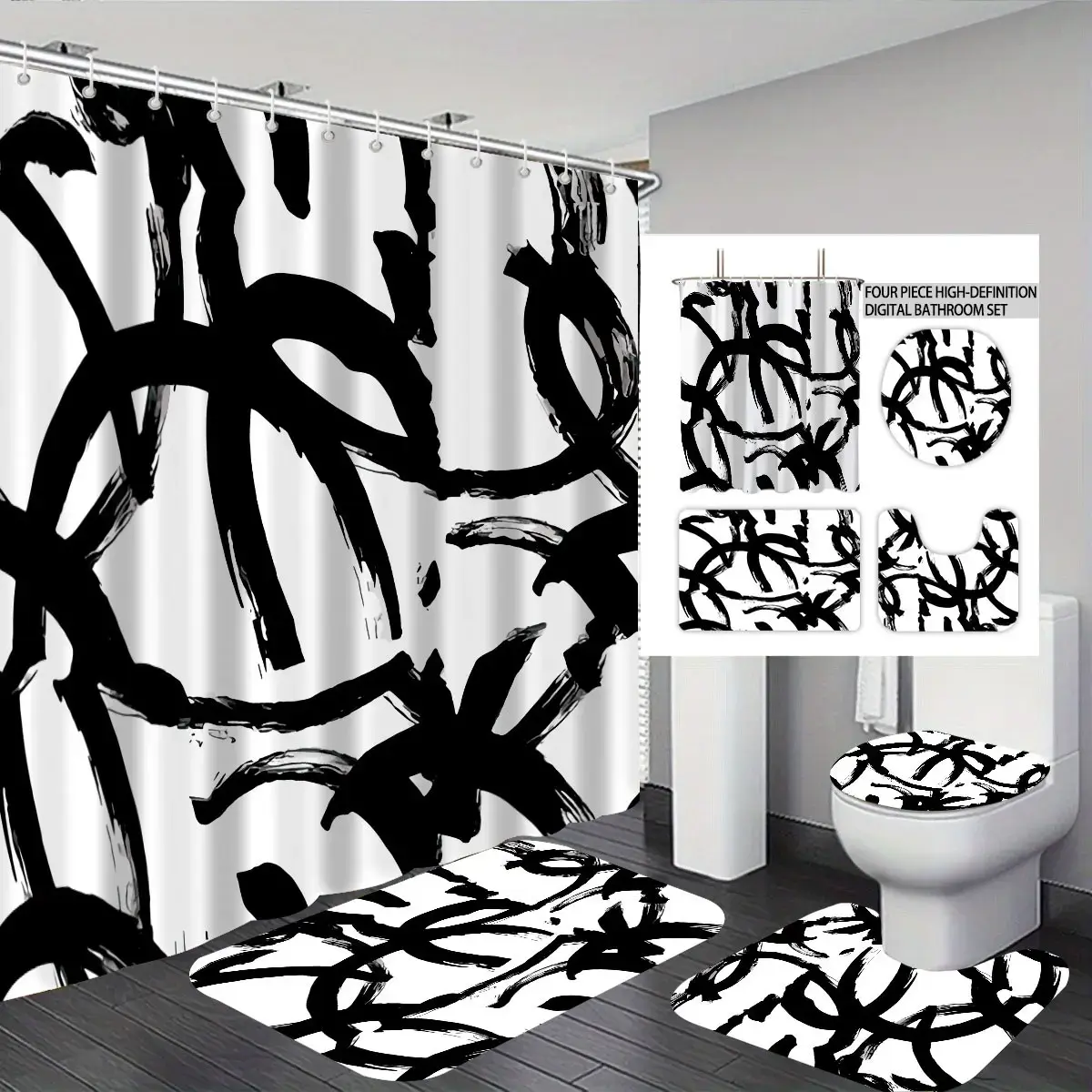 4Pcs Black White Decorative Abstract Striped Shower Curtain Set with Non Slip Rugs, Toilet Lid Cover and Bath Mat,  Home Bathroom Restroom Decor Bathroom Set, Bathroom Supplies, Bathroom Decoration Accessories with 12 Hooks