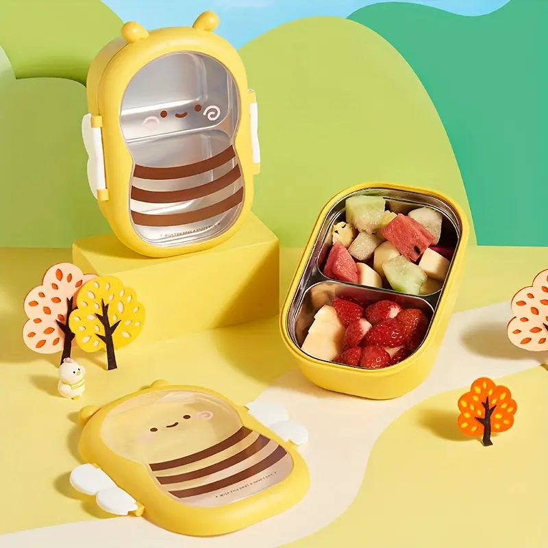 Leak-Proof Cartoon Bee Insulated Lunch Box - Little Bee Stainless Steel Insulated Lunch Box for Students and Office Workers, Food-Grade Divided Children's Bento Box, Leakproof Insulated Lunchbox, Leakproof Food Containers, Insulated Compartment