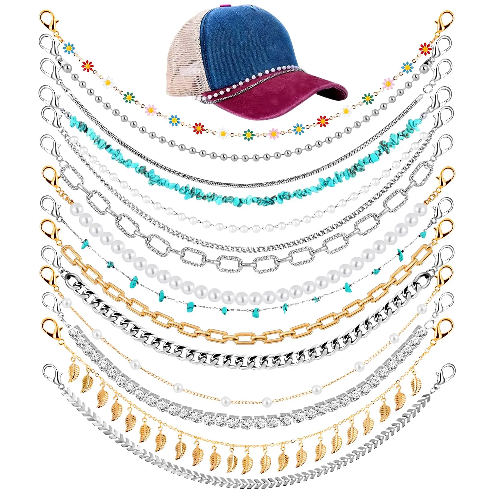 14 Pieces Trucker Hat Chains, Bulk Trucker Hat Charm Chains for Women and Men, Detachable DIY Metal Chain for Bill Decoration
