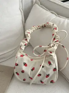 Cute Strawberry Print Underarm Bag, Drawstring Design, Soft Casual Fruit Pattern Shoulder Clutch, Versatile Handbag for Women